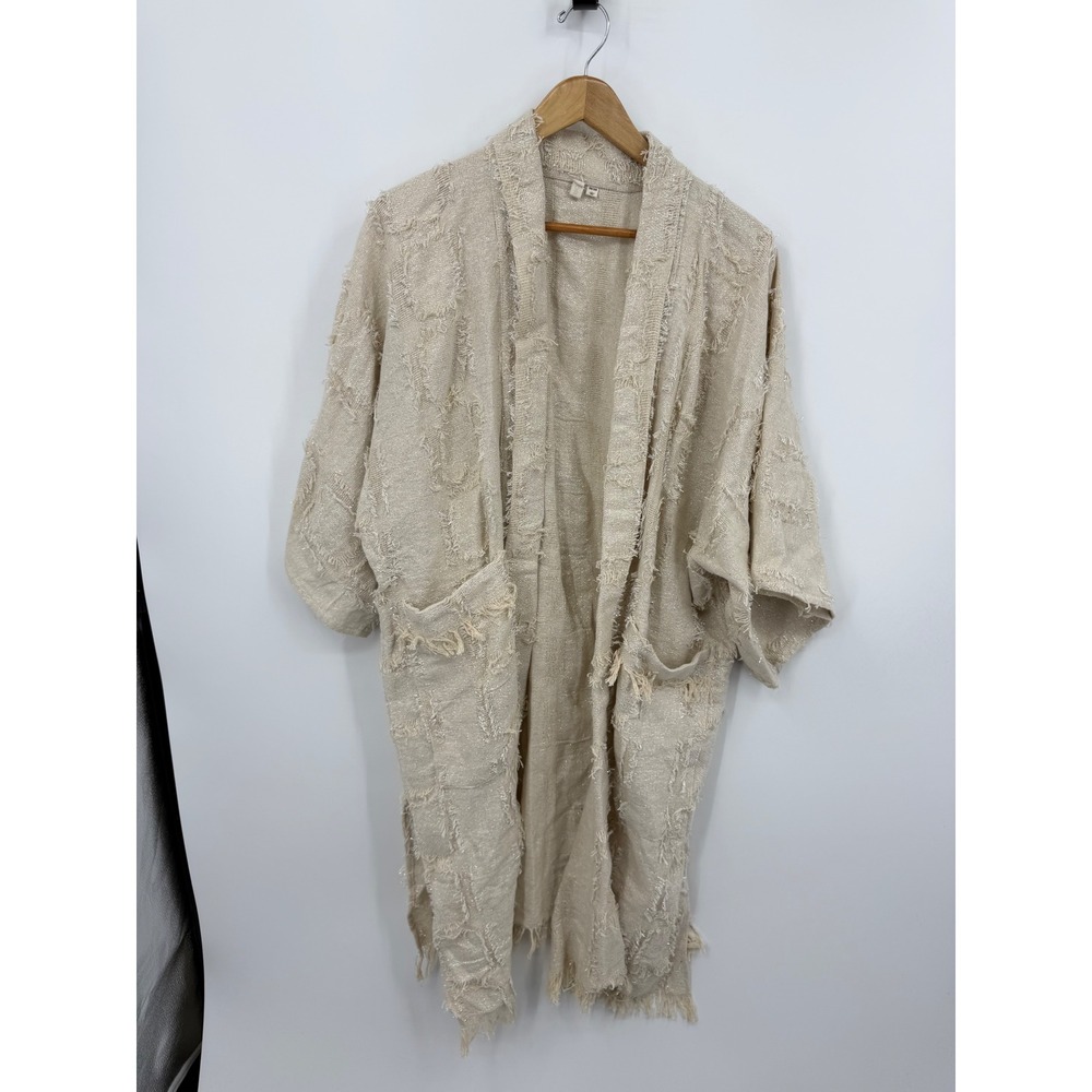 Pilcro Lurex Kimono Cardigan Women OS Beige silver Metallic Frayed Trim Pocket